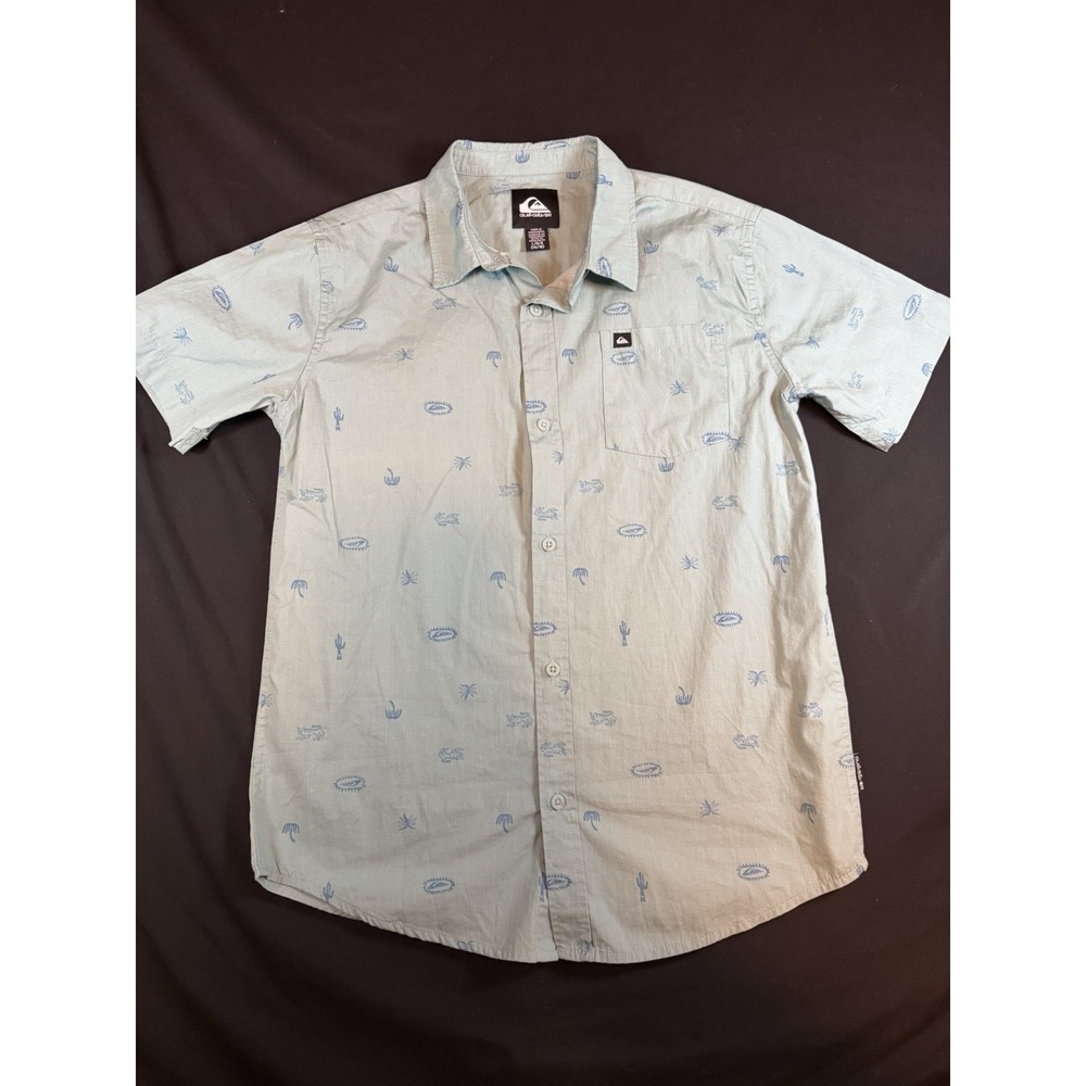 Quiksilver Light Teal Cactus Print All Over Boys SS Button Up Shirt, 14/16 L